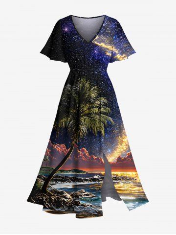 Plus Size Coconut Tree Sea Glitter Galaxy Print Hawaii Split Pocket A Line Midi Dress - BLACK - XXS