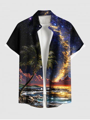 Chemise hawaïenne à poches boutons, imprimé galaxie, mer et cocotiers, grande taille, pour hommes - BLACK - 2XL