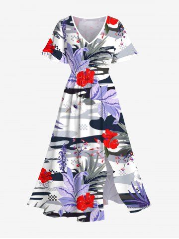 Plus Size Tropical Leaf Flower Print Hawaii Split Pocket A Line Midi Dress - WHITE - 1X