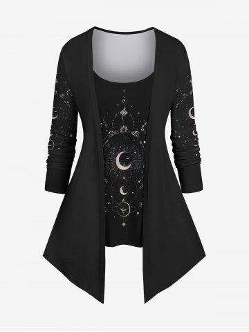 Plus Size Galaxy Moon Sun Star Print 2 In 1 T-shirt - BLACK - 6X