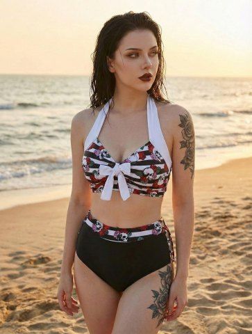 Skull Rose Flower Striped Print Bowknot Halter Lace Up Braided Tankini Swimsuit - BLACK - XXL