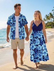 Flowers Leaf Print Plus Size Matching Hawaii Beach Outfit For Couples -  