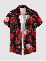 Plus Size Valentine's Day Rose Flowers Heart Print Buttons Pocket Shirt For Men -  