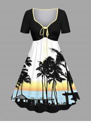 Robe hawaïenne grande taille à imprimé ombré ciel et mer avec cocotiers et ciel, cintrée - Noir 2X