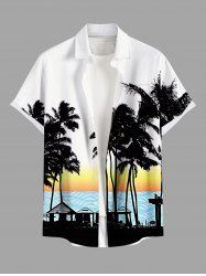 Chemise hawaïenne grande taille pour homme, imprimé paysage marin ombré avec cocotiers et poches boutonnées, style hawaïen. - Blanc XL
