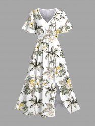Robe midi hawaïenne fendue à imprimé hibiscus, cocotier et ananas, grande taille - Blanc 2X