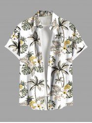 Plus Size Hibiscus Flower Coconut Tree Pineapple Print Buttons Pocket Hawaii Shirt For Men - Blanc XL