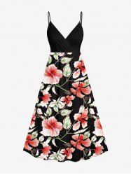 Robe cache-cœur hawaïenne à imprimé de fleurs d'hibiscus et de feuilles, grande taille - Noir L