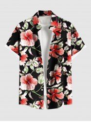 Chemise hawaïenne grande taille pour homme, à imprimé feuilles d'hibiscus, boutons et poche. - Noir 5XL