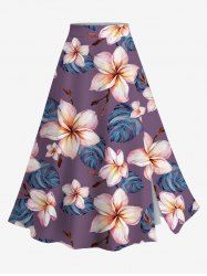 Plus Size Flowers Leaf Print Split Hawaii Skirt -  