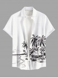Chemise hawaïenne grande taille pour homme, imprimée de cocotiers et de paysages marins, avec poches et boutons. - Blanc L