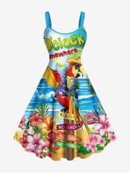 Robe débardeur grande taille imprimée cocotiers, hibiscus, perroquets et paysage marin, style hawaïen - Bleu Ciel 4X