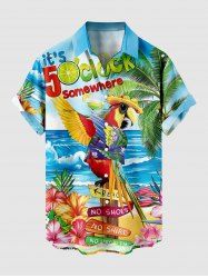 Chemise hawaïenne grande taille pour homme, imprimé cocotiers, hibiscus, perroquets et paysage marin, boutons et poche. - Bleu Ciel 5XL