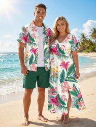Tropical Flowers Leaf Print Plus Size Matching Hawaii Beach Outfit For Couples -  