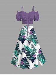 Solid Cinched Top and Tropical Leaf Hibiscus Flower Print Hawaii Split A Line Skirt Plus Size Matching Set -  