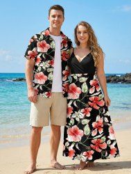 Hibiscus Flowers Leaf Print Plus Size Matching Hawaii Beach Outfit For Couples -  