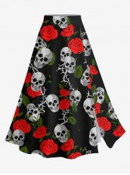 Plus Size Valentine's Day Rose Flowers Skulls Print Split Skirt -  