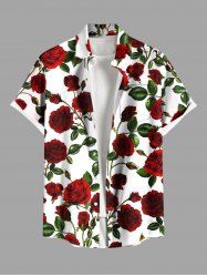 Plus Size Valentine's Day Rose Flowers Leaf Print Buttons Pocket Shirt For Men -  