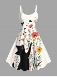 Robe débardeur hawaïenne grande taille à imprimé chat, fleurs et papillons - Blanc XS