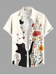 Chemise hawaïenne grande taille pour homme, à imprimé chat, fleurs et papillons, boutons et poche. - Blanc de Crème  M