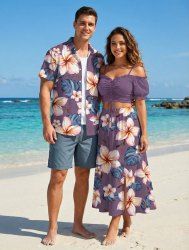 Flowers Leaf Print Plus Size Matching Hawaii Beach Outfit For Couples -  