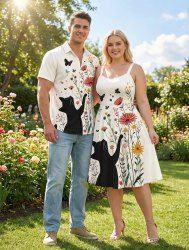 Cat Flowers Butterfly Print Plus Size Matching Hawaii Beach Outfit For Couples -  