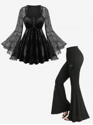 Ensemble composé d'un haut à bretelles en velours gaufré et d'un pantalon évasé orné d'appliqués papillons à sequins. - Noir 