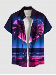 Plus Size Coconut Tree Sea Ombre Heart Print Hawaii Valentines Button Pocket Shirt For Men -  