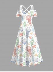 Robe longue hawaïenne à épaules dénudées et bretelles croisées, grande taille, imprimé méduse, coquillage, étoile de mer et feuilles - Blanc 6X