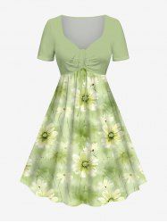 Plus Size Daisy Flowers Print Cinched Hawaii Dress -  