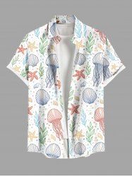 Plus Size Jellyfish Shell Starfish Leaf Print Buttons Pocket Hawaii Shirt For Men -  