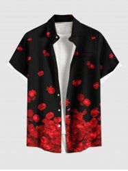 Plus Size Valentine's Day Rose Flower Petal Print Buttons Pocket Shirt For Men -  