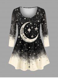 T-shirt à manches longues grande taille imprimé galaxie lune étoile et pompons - Noir 6X
