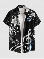 Chemise hawaïenne à poches boutons, imprimé fleurs, étoiles et symboles musicaux, grande taille, pour hommes - Noir 5XL