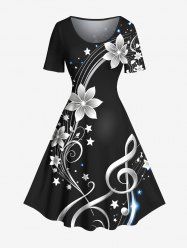 Robe hawaïenne grande taille imprimée fleurs, étoiles et symboles musicaux - Noir XS