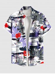 Plus Size Tropical Leaf Flower Print Hawaii Button Pocket Shirt For Men - Blanc 3XL