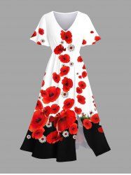Plus Size Daisy Flowers Colorblock Print Split Hawaii Midi Dress -  