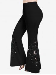 Pantalon évasé grande taille imprimé galaxie lune soleil étoiles - Noir 3X