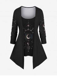 T-shirt 2 en 1 grande taille imprimé galaxie lune soleil étoiles - Noir 5X