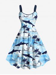 Plus Size Coconut Tree Sea Shark Print Hawaii Sea Creatures A Line Dress -  