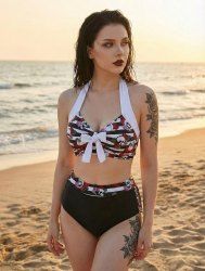 Skull Rose Flower Striped Print Bowknot Halter Lace Up Braided Tankini Swimsuit -  