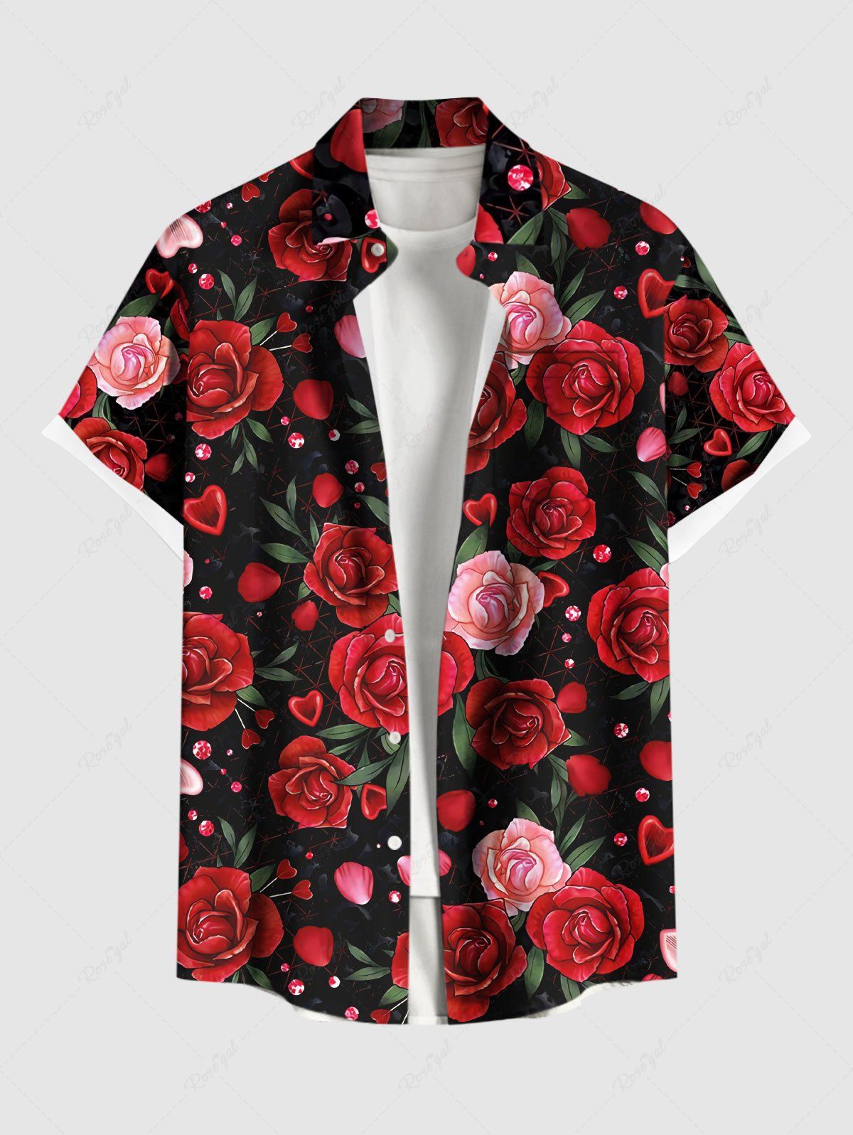 Trendy Plus Size Valentine's Day Rose Flowers Heart Print Buttons Pocket Shirt For Men  