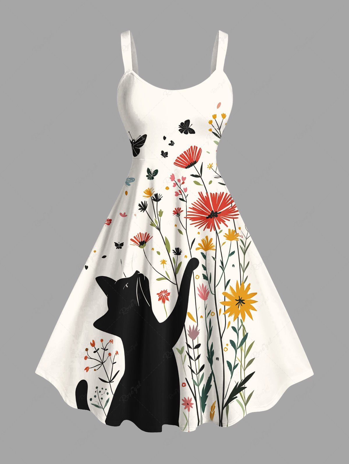 Robe débardeur hawaïenne grande taille à imprimé chat, fleurs et papillons Blanc XS