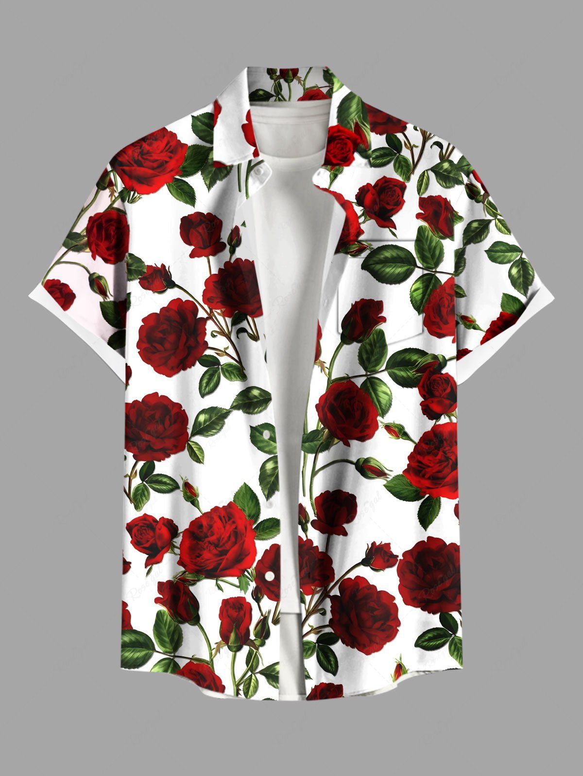 Shops Plus Size Valentine's Day Rose Flowers Leaf Print Buttons Pocket Shirt For Men  