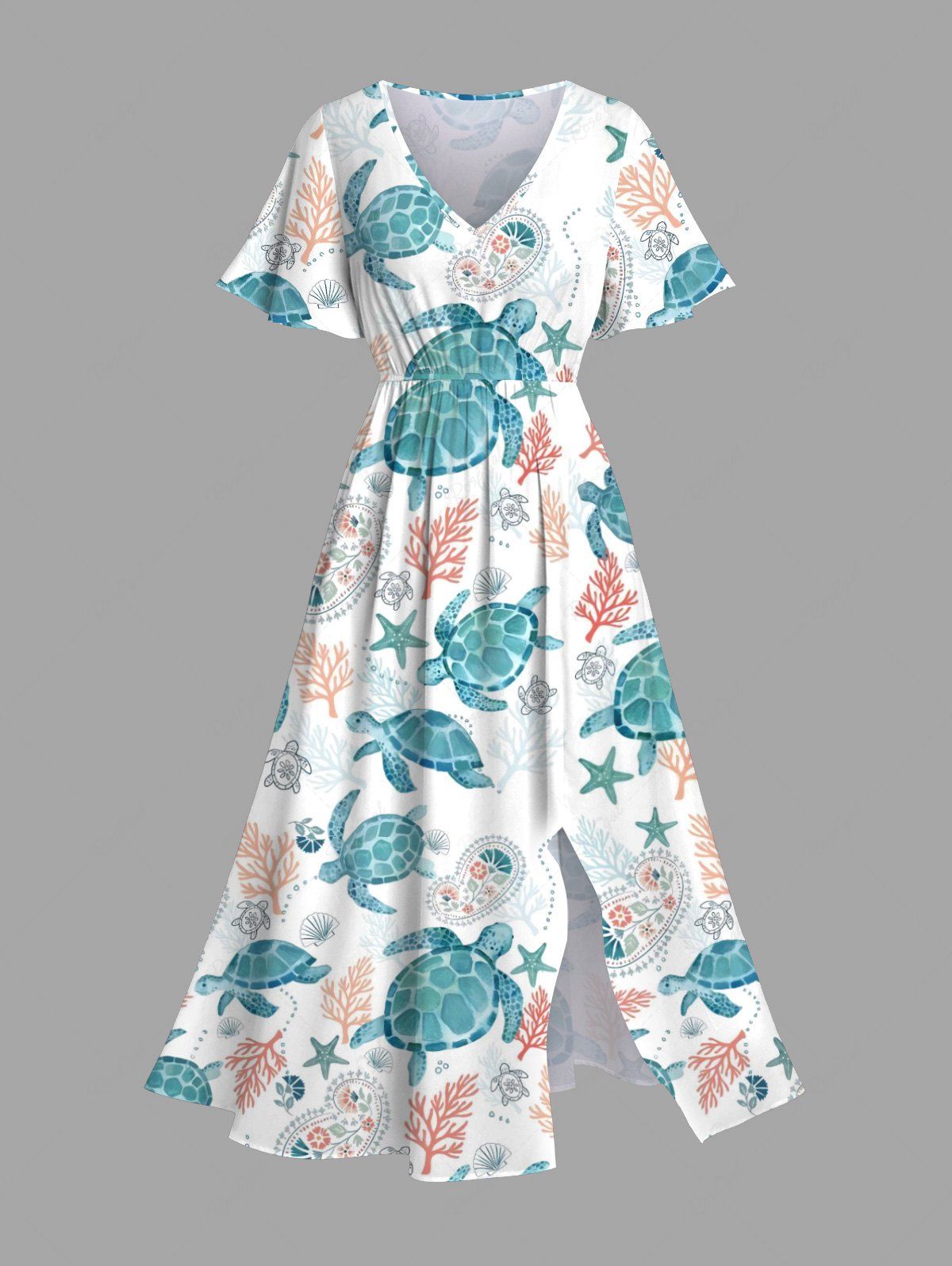 Robe mi-longue fendue hawaïenne à imprimé tortue, cachemire, fleurs, feuilles et étoiles de mer, grande taille Blanc XXS