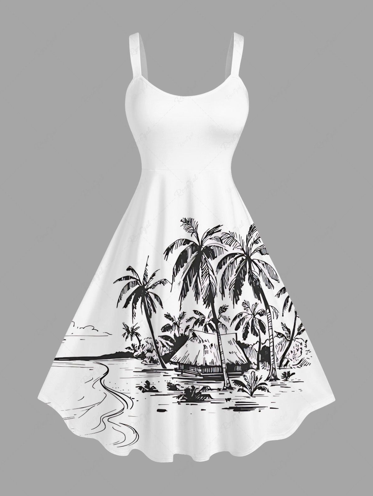 Chic Plus Size Coconut Tree Seascape Print Hawaii Tank Dress  