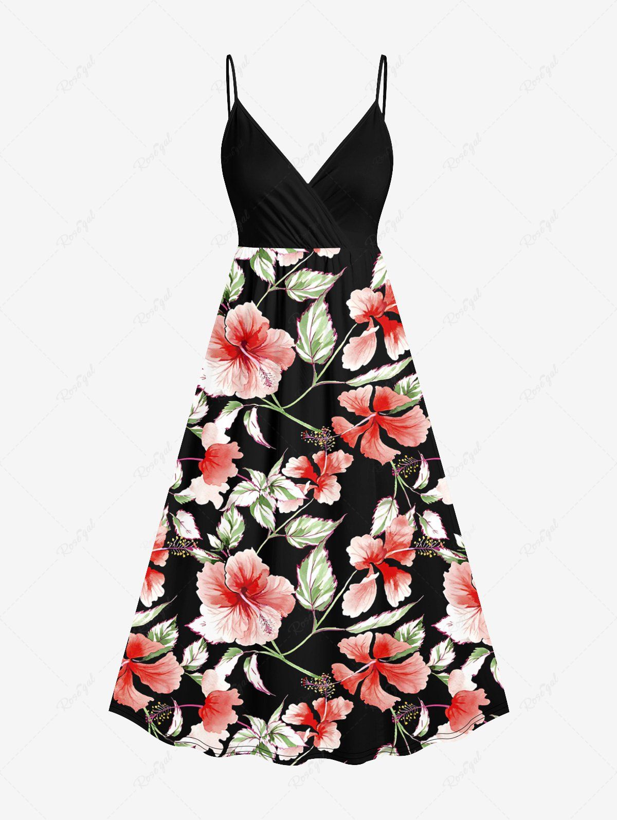 Robe cache-cœur hawaïenne à imprimé de fleurs d'hibiscus et de feuilles, grande taille Noir S