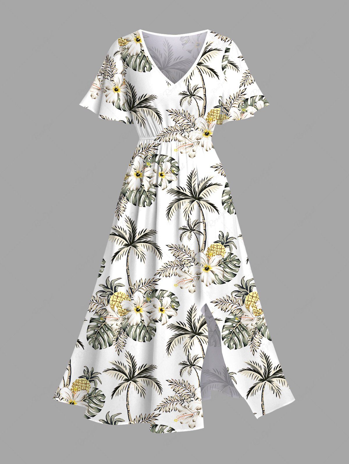 Robe midi hawaïenne fendue à imprimé hibiscus, cocotier et ananas, grande taille Blanc S