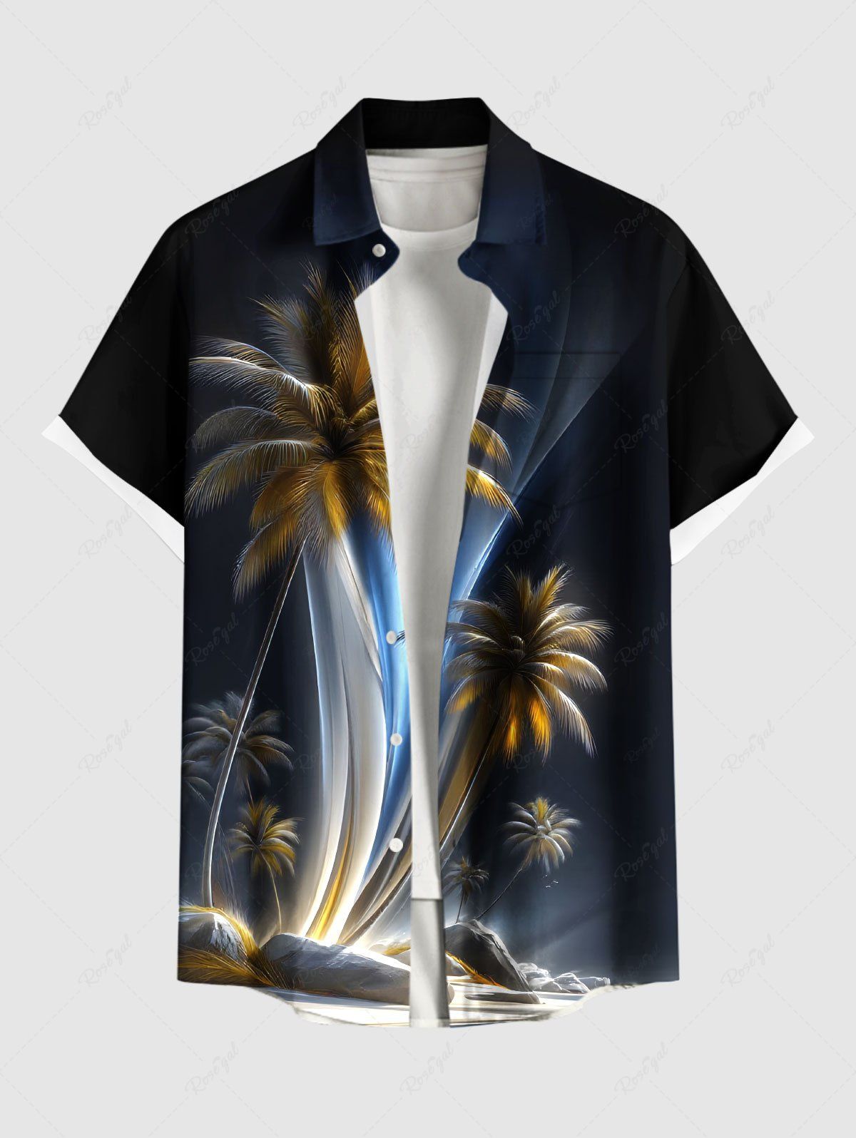 Chemise hawaïenne à poches boutons, imprimé ombré de cocotiers et faisceau lumineux, grande taille, pour hommes Noir 6XL