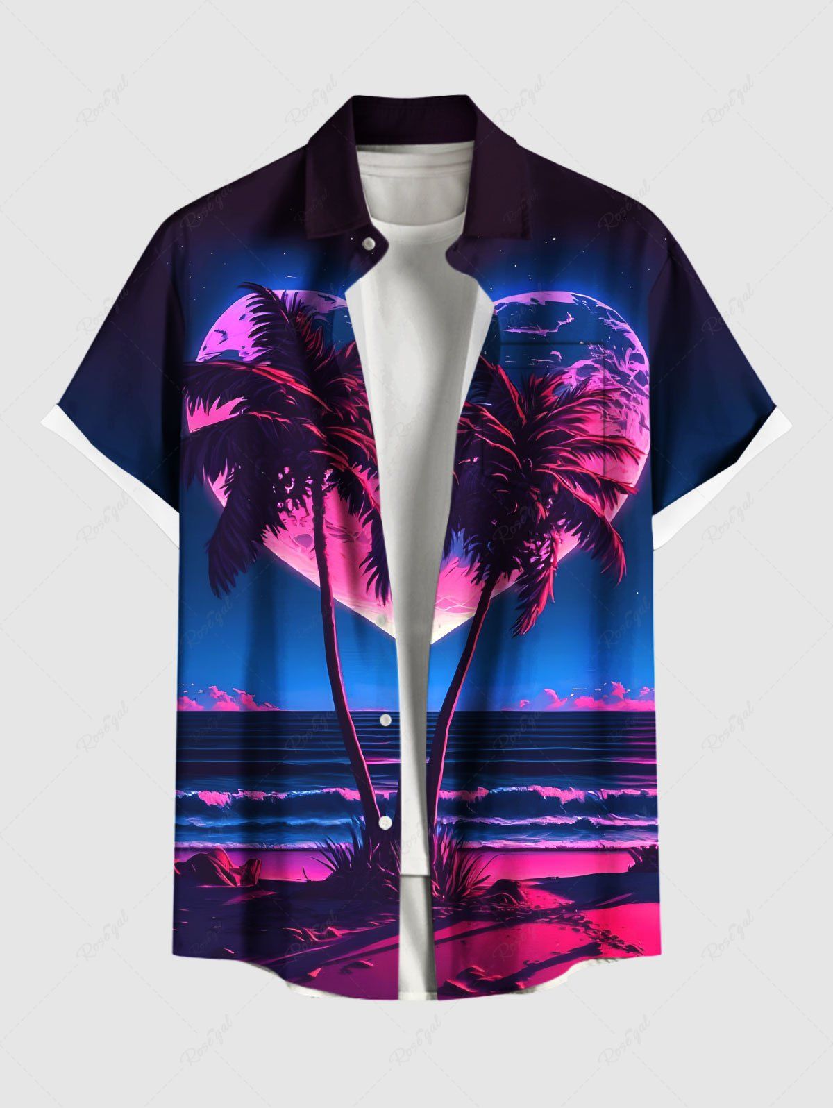 Fashion Plus Size Coconut Tree Sea Ombre Heart Print Hawaii Valentines Button Pocket Shirt For Men  